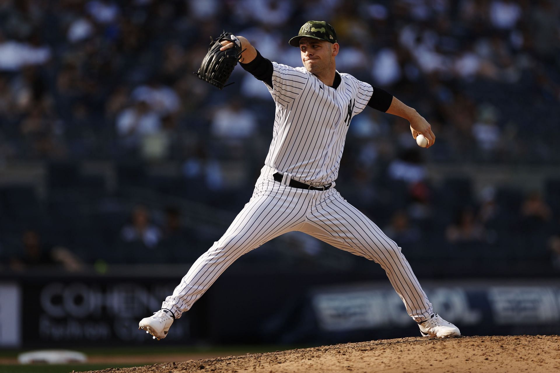 Lucas Luetge of the New York Yankees pitches against the Chicago White Sox at Yankee Stadium